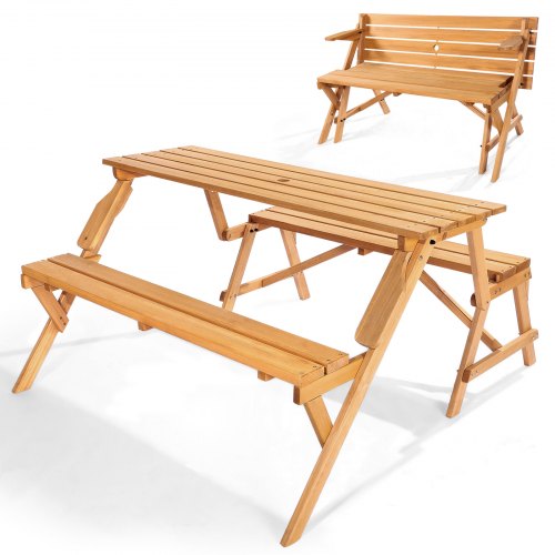 VEVOR's 2-in-1 convertible picnic table transforms between a wooden outdoor dining set and bench seating, featuring a foldable design with umbrella hole for patio use
