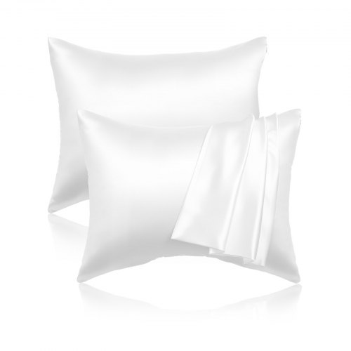 VEVOR's 2-pack satin pillowcases in standard size, gentle on hair and skin, resembling silk with concealed zipper, offering smooth softness