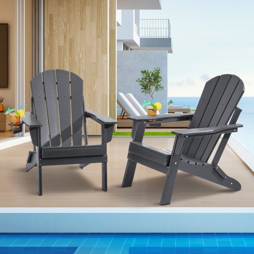 VEVOR's 2-piece Adirondack chair set features all-weather plastic construction, foldable design for portability, and built-in cup holders for outdoor relaxation