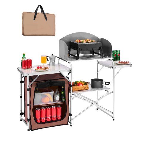 VEVOR's 2-tier outdoor kitchen with zippered storage bag, a foldable cooking table ideal for BBQs, parties, and camping trips in brown