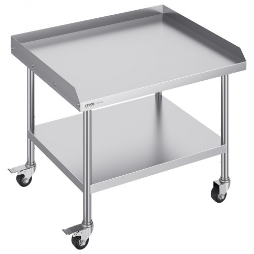 VEVOR's 30 x 36 x 30-inch stainless steel work table features 4 wheels, casters, a 3-sided backsplash, and heavy-duty construction for commercial food prep