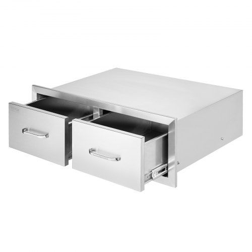VEVOR's 30"W x 10"H x 20"D stainless steel outdoor kitchen drawers with handles, designed for BBQ islands as horizontal double accessory storage