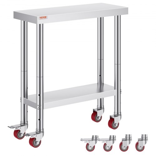 VEVOR's 30x12x34-inch stainless steel work table supports 700 lbs, features 4 wheels, 3 height adjustments, and is ideal for heavy-duty food preparation