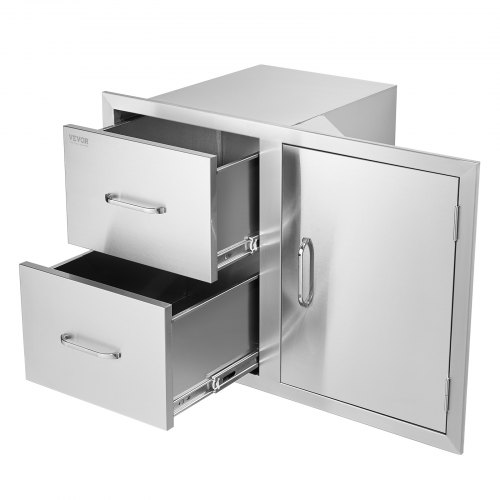 VEVOR's 32.5"W x 21.6"H x 20.5"D outdoor kitchen combo features an access door, double drawers, and a paper towel rack in stainless steel