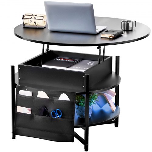 VEVOR's 35.3-inch round lift-top coffee table features extra storage pockets and a pop-up design for living rooms, available in black