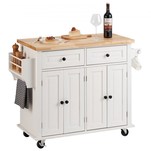 VEVOR's 35.4" wide kitchen island cart features a solid wood top, storage cabinet, and convenient spice and towel racks