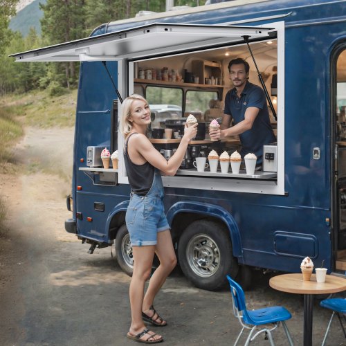 VEVOR's 36"x36" aluminum service window features an awning and hook, opening 85 degrees for food trucks and concession trailers