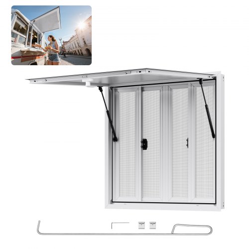 VEVOR's 36x36-inch aluminum alloy service window for food trucks, featuring four sliding panels and an awning, opens up to 85 degrees