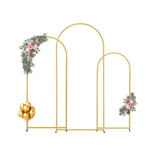 VEVOR's 3-piece gold wedding arch stand set features sturdy metal construction, quick assembly, and a secure case connection with crossbar design