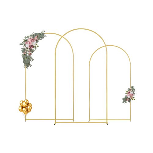 VEVOR's 3-piece wedding arch stand set features a sturdy metal frame with case connection and crossbar design, offering easy assembly in premium gold finish