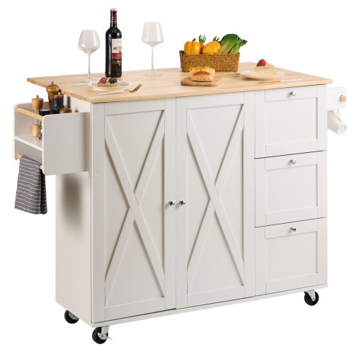 VEVOR's 45.3" wide kitchen island cart features a solid wood top, storage cabinet, spice rack, towel holder, and wheels for mobility