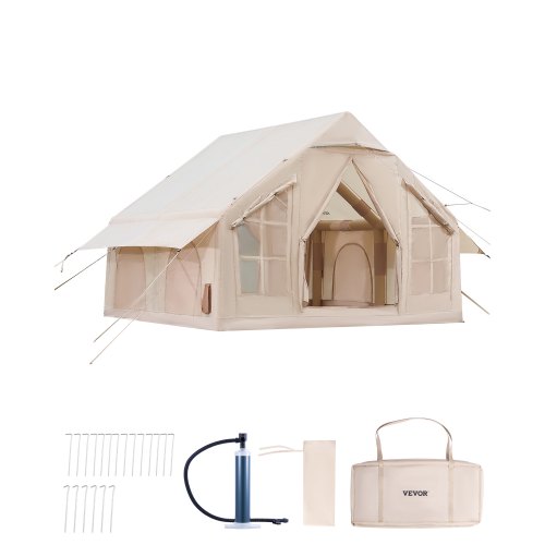 VEVOR's 4-6 person inflatable camping tent features quick setup with a hand pump, durable 300D Oxford fabric for all seasons, and includes a stove jack plus two doors for convenience