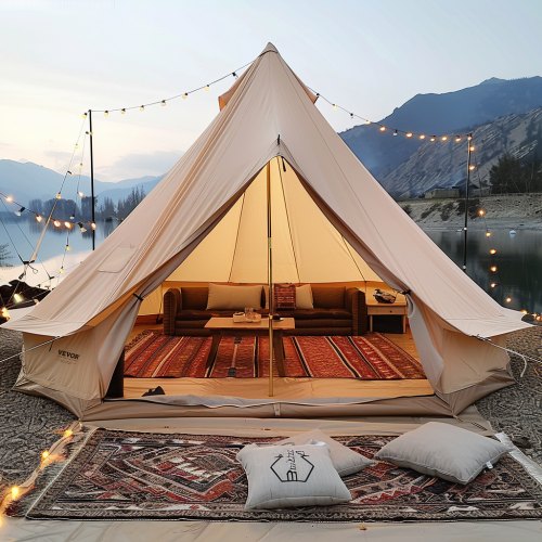 VEVOR's 4-season 6m/19.68ft yurt-style canvas tent features a stove jack and breathable design, comfortably accommodating up to 10 people for family camping