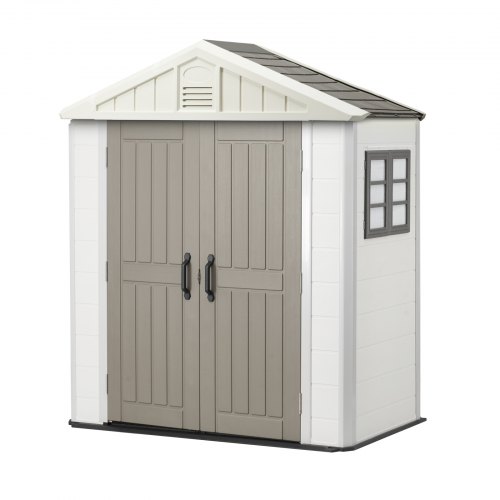 VEVOR's 4x8 ft heavy-duty resin outdoor storage shed features a reinforced floor, skylight, lockable door, and weather-resistant design with 152 cu ft capacity