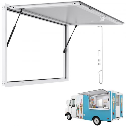 VEVOR's 53x33-inch aluminum alloy concession window for food trucks features an awning door and drag, opening up to 85 degrees for serving