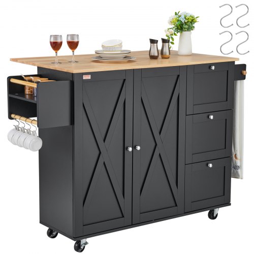 VEVOR's 56" kitchen island cart features a wood top, storage cabinet, drop-leaf rolling table, spice rack, towel bar, adjustable shelf, and drawer
