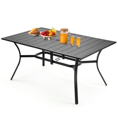 VEVOR's 59-inch outdoor patio dining table features a rectangular metal steel slat design, perfect for 4-6 people with an umbrella hole for shade