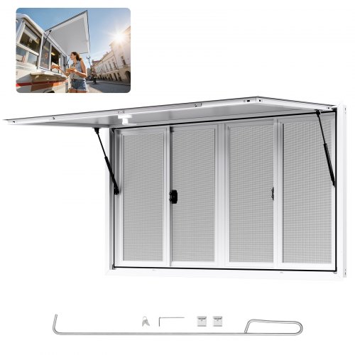 VEVOR's 60x36-inch aluminum alloy concession window for food trucks features four sliding panels and an awning, opening up to 85 degrees for convenient service