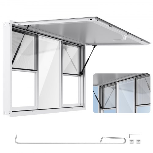 VEVOR's 60x36-inch aluminum alloy service window for food trucks features six sliding panels and an awning, opening up to 85 degrees