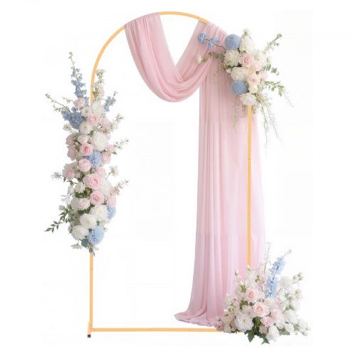 VEVOR's 6.6x3.3ft gold metal arch backdrop stand offers sturdy construction and simple setup for weddings, birthdays, and graduations