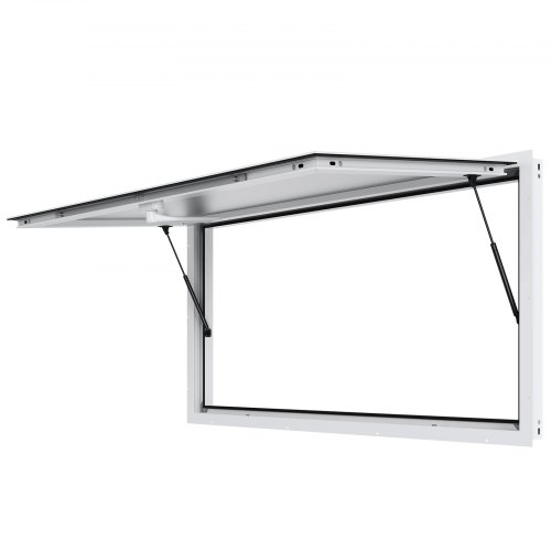VEVOR's 74"x40" aluminum alloy food truck service window features an awning door, drag hook, and can open up to 85 degrees for convenient stand serving