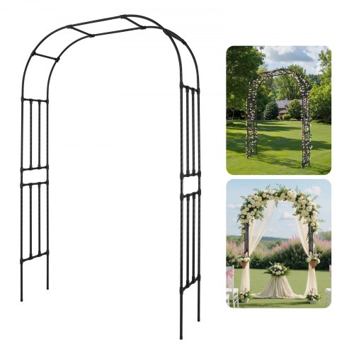 VEVOR's 94.5" tall metal garden archway features a 59" width and 15.8" depth, offering a sturdy outdoor trellis with stakes for easy assembly