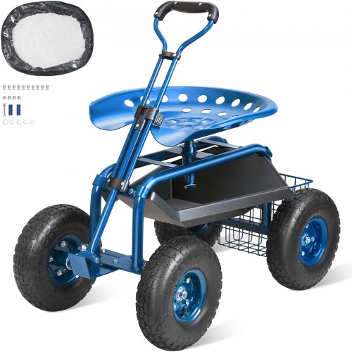 VEVOR's garden cart features a rolling workseat with wheels, a 360-degree swivel stool for planting, and a wagon scooter with a steering handle and utility tools