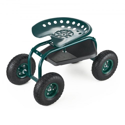VEVOR's heavy-duty rolling garden cart features a swivel seat, storage basket, tool tray, and 300 lbs capacity for outdoor gardening tasks