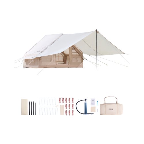 VEVOR's inflatable camping tent for 3-5 people features quick setup with hand pump, durable 300D Oxford fabric for all seasons, plus canopy and stove jack