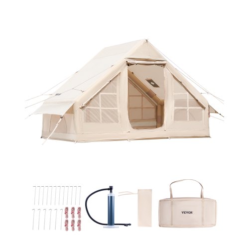 VEVOR's inflatable camping tent for 3-5 people features quick setup with hand pump, durable 300D Oxford fabric, 4-season capability, stove jack, and dual doors