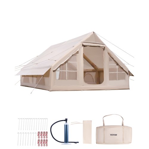 VEVOR's inflatable camping tent for 5-8 people features quick setup with hand pump, 300D Oxford fabric, stove jack, 2 doors and 4 mesh panels for ventilation