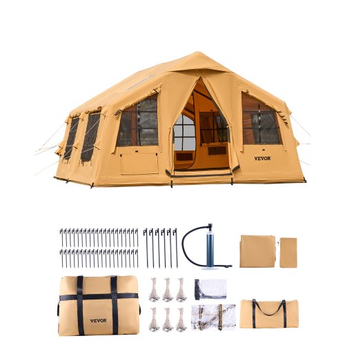 VEVOR's inflatable camping tent for 8-12 people, featuring quick setup with hand pump, 4-season luxury design, dual skylights, canopy, and stove compatibility