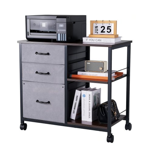 VEVOR's metal file cabinet features 3 fabric drawers, 2 open shelves, and wheels for easy mobility in a wooden vertical storage design