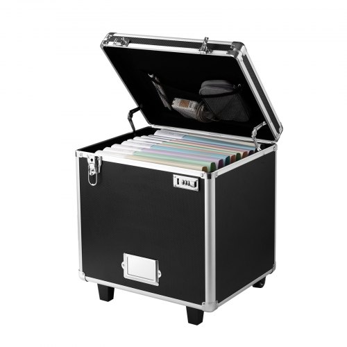 VEVOR's portable file storage box features a 15.6x12.6x15 inch interior, locking mechanism, telescopic handle, and convenient hand pull design for mobile business use
