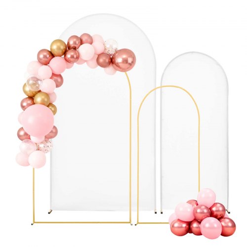 VEVOR's set of 2 arch backdrop stands (7.2 ft and 6 ft) features a sturdy gold metal frame, simple setup, and includes a cover, ideal for weddings and birthdays