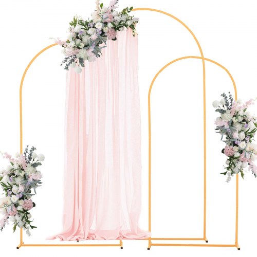VEVOR's set of 3 gold metal arch backdrop stands (7.2/6.6/6 ft) offers stable, easy-to-assemble structures perfect for weddings, birthdays, and graduations