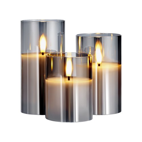 VEVOR's set of 3 gray flameless candles with realistic wax appearance, warm flickering LED lights, battery operation, 10-key remote control, and timer function