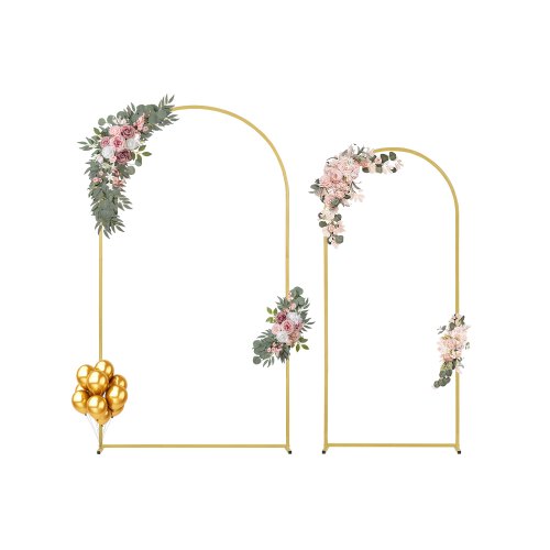 VEVOR's set of two 7.2FT and 6FT gold wedding arch stands features easy assembly with case connection and chassis crossbar design