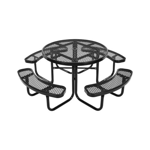 VEVOR's sturdy round picnic table with benches, weatherproof outdoor dining set featuring a steel table with umbrella hole