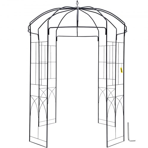 VEVOR's sturdy wrought iron garden arbor stands 9' tall and 6.6' wide, perfect for climbing vines and outdoor wedding arches