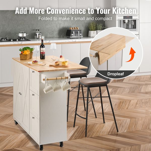 VEVOR's white 2-door mobile kitchen island features 3 drawers, a rubber wood desktop, and wheels for easy movement, ideal for home bar storage