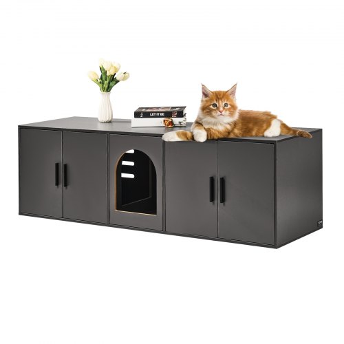 VEVOR's wooden cat litter box enclosure features two compartments, concealing litter boxes for two cats within its 57.9"L x 18.3"W furniture cabinet