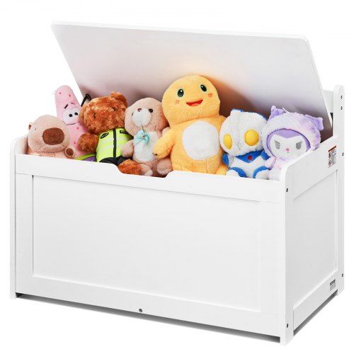 VEVOR's wooden toy chest for kids features a flip-top lid with safety hinges, measuring 32.68 x 17.91 x 24.02 inches, serving as a spacious storage bench for playrooms