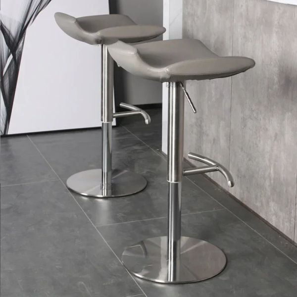 Vintage European leather bar stool with industrial legs, minimalist gray kitchen furniture for lounge or home