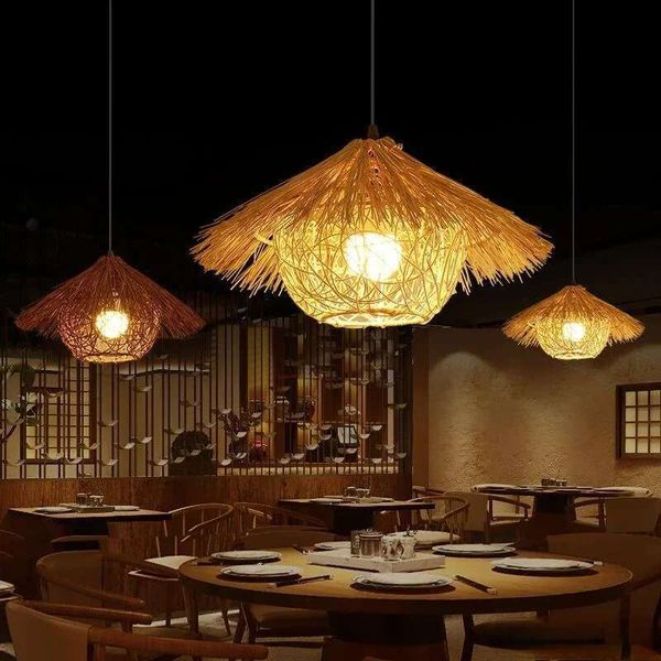 Vintage handcrafted woven rattan lampshade bamboo hanging light for restaurant, kitchen, or dining table decoration