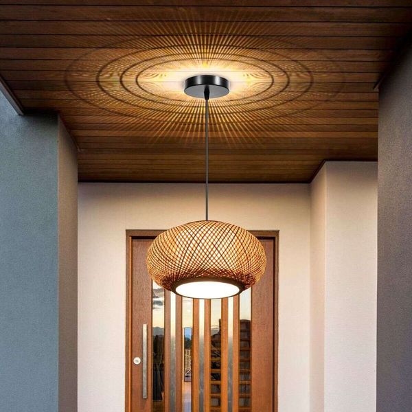Vintage hand-woven wicker pendant lamp with bamboo frame and decorative LED lighting for home decor
