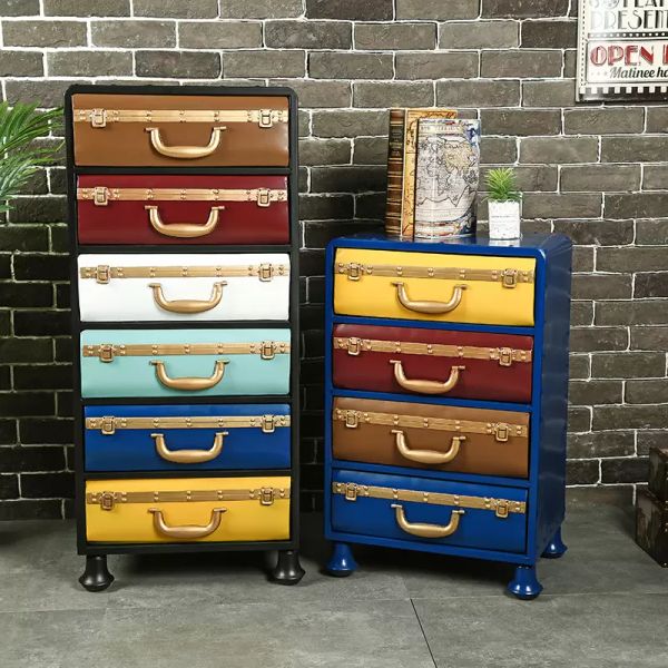 Vintage small iron storage drawers for living room decor, antique cabinet furniture with large capacity for wine display