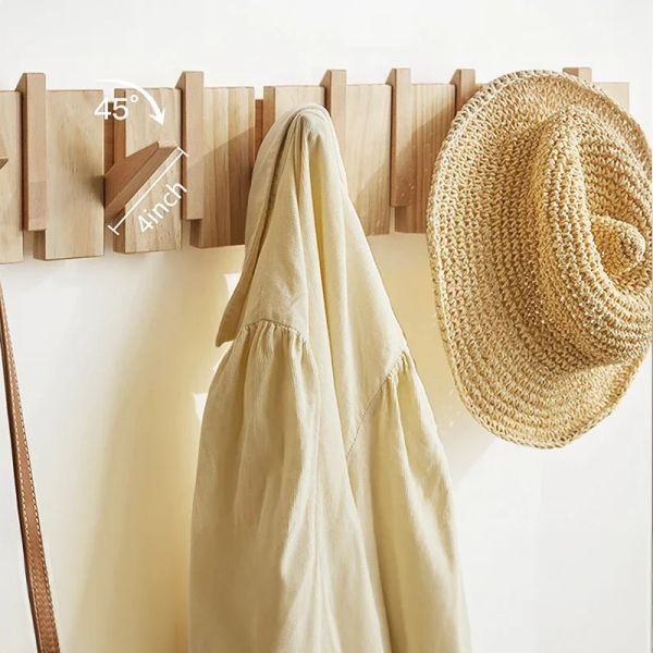 Wall-mounted wooden coat rack with piano-inspired design featuring 4-6 hooks, perfect for living rooms and bedrooms in natural walnut finish