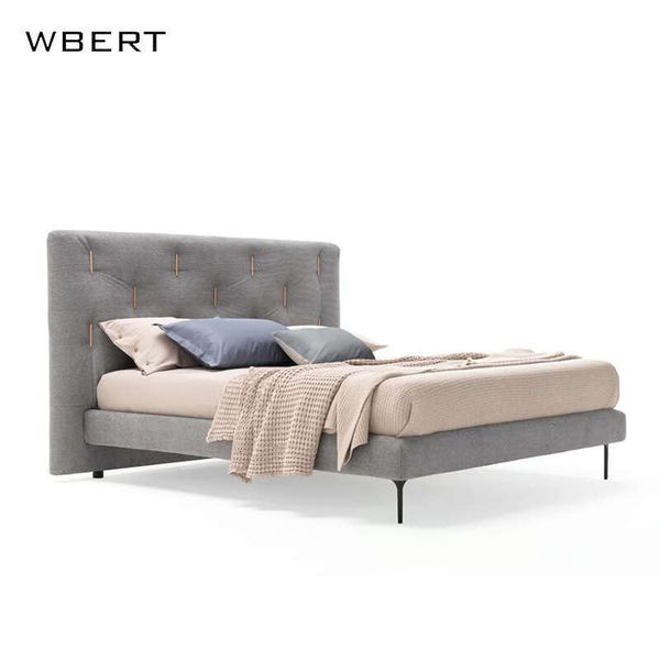 Wbert Italian Modern High-back Fabric Double Bed with Soft Pillow Top and Widened Wooden Frame for Bedroom Sets