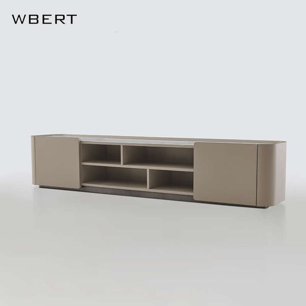 Wbert Italian Solid Wood TV Stand with Marble Top and Saddle Leather, Modern High-End Living Room Low Cabinet